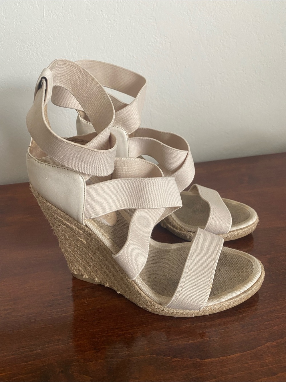 Neutral Beige Espadrille Wedge Sandals with Crisscross Straps